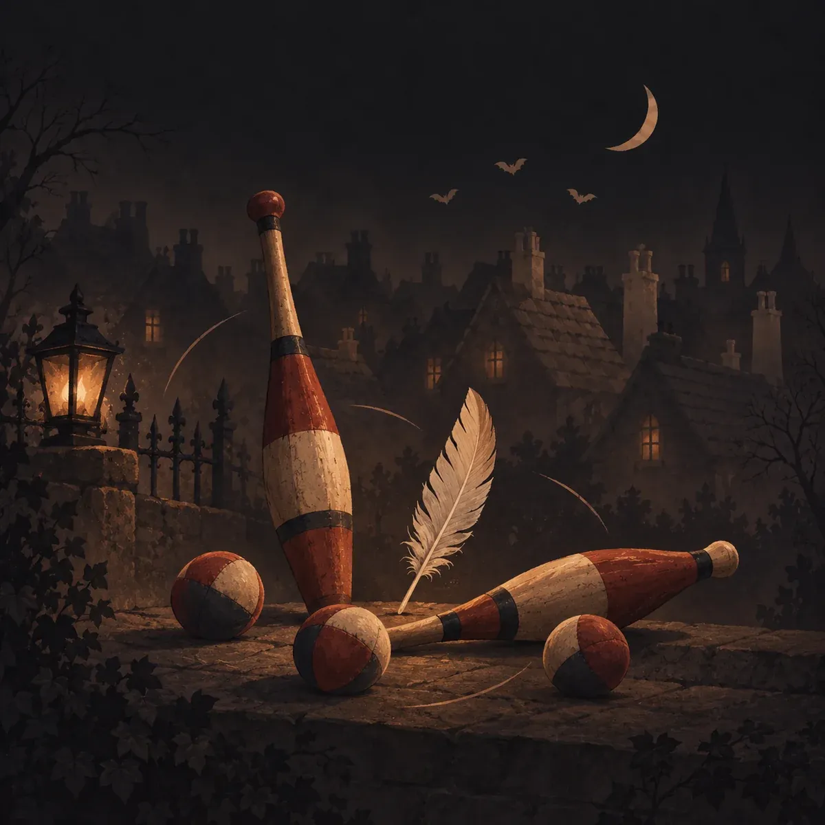 Illustration d’ambiance : balles, quilles de jonglage et plume.